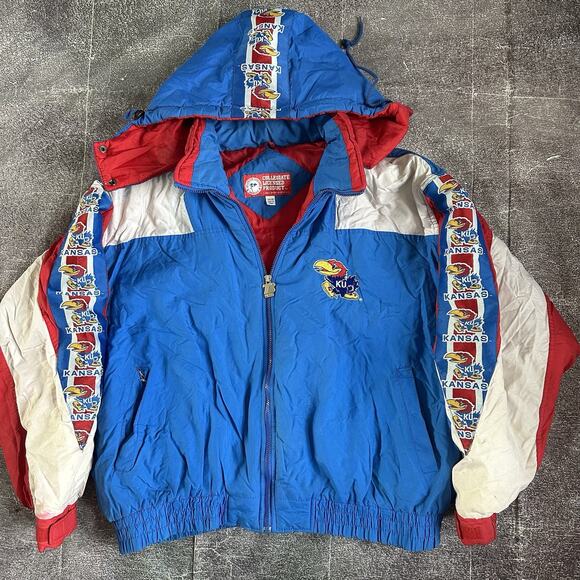 Men's Vintage 90's Turbo Starter Kansas KU Jayhawks Blue Puffer Jacket Sz 2XL - Picture 1 of 8